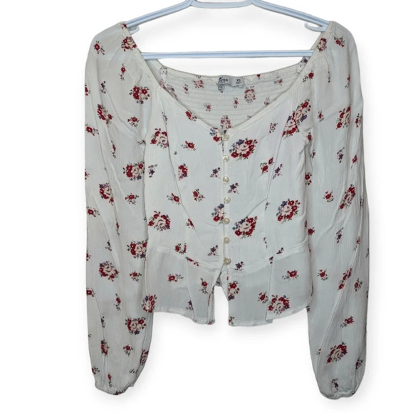 Hollister White Floral Red Button Down Square Flowy Cropped Top Women XS - Picture 2 of 10